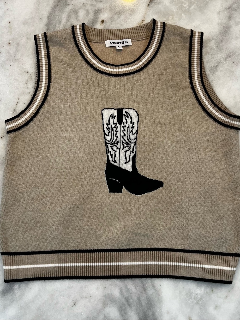 Vigoss Tan Crewneck Knit Vest with Black & White Boot Motif